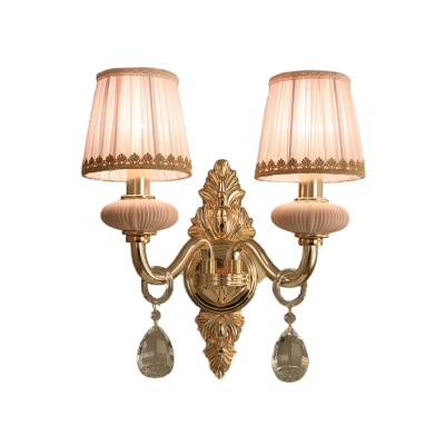Pleated Fabric Pink Wall Lighting Tapered 1/2-Bulb Rustic Sconce Light with Braided Trim
