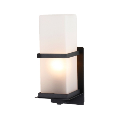 Rectangular Outdoor Sconce Light Lodge Milky Glass 1 Bulb Black Wall Mounted Lamp