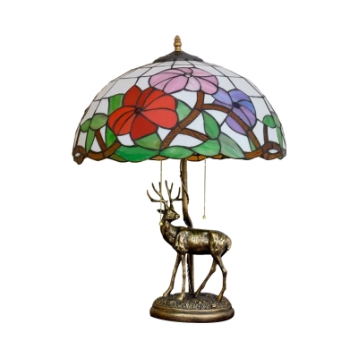 Red/Orange 2 Bulbs Desk Lighting Mediterranean Stained Glass Domed Flower Patterned Table Lamp with Deer Design