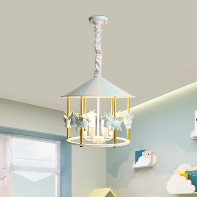 Resin Unicorn Chandelier Light Cartoon 5 Bulbs Pink/Blue Pendant Lighting Fixture for Kids Bedroom