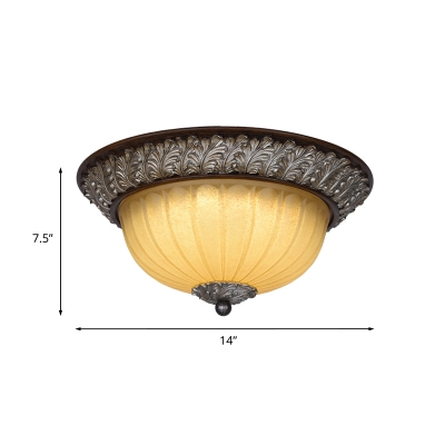 Ribbed Glass Beige Ceiling Flush Foliage-Trim Bowl 2 Lights Country Style Flush Light Fixture