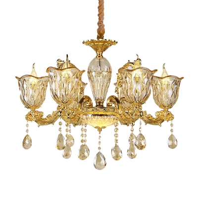 Scalloped Bell Amber Glass Hanging Lamp Mid-Century 6/8 Heads Lobby Ceiling Chandelier in Champagne