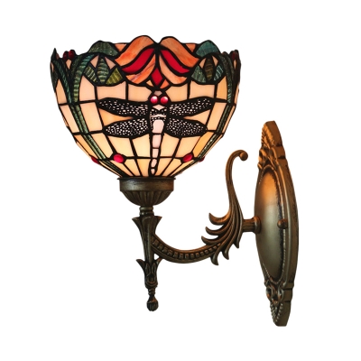 Single Living Room Wall Light Kit Tiffany Bronze Sconce Lamp with Dragonflies Stained Art Glass Shade