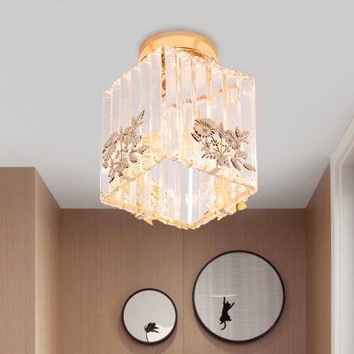 Strip Crystal Gold Semi Flush Light Flower Detailing Cuboid 1 Bulb Minimalist Close to Ceiling Lamp