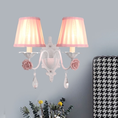 Tapered Fabric Sconce Light Pastoral 1/2-Light Bedroom Wall Lamp with Rose Decor in Blue/Pink