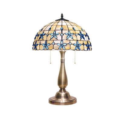 Victorian Domed Night Table Lighting 2-Head Shell Blossom Patterned Desk Light in Gold with Pull Chain