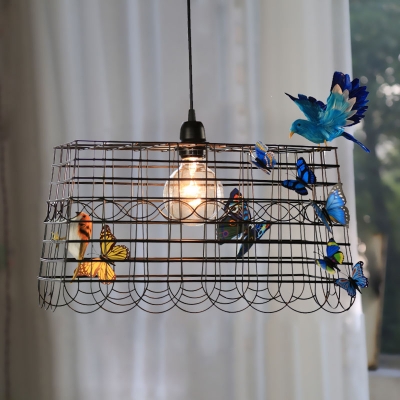 Wire Cage Metal Ceiling Lamp Pastoral 1 Bulb Bedroom Pendant in Black with Butterfly and Bird Decor