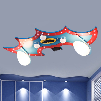 Wood Bat Ceiling Light Fixture Cartoon 2 Heads Blue Flush Mount Lighting with Milk Glass Shade