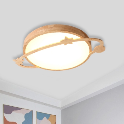 Wood Earth Orbit Ceiling Lamp Minimalist Integrated LED Flush Mount Lighting for Bedroom