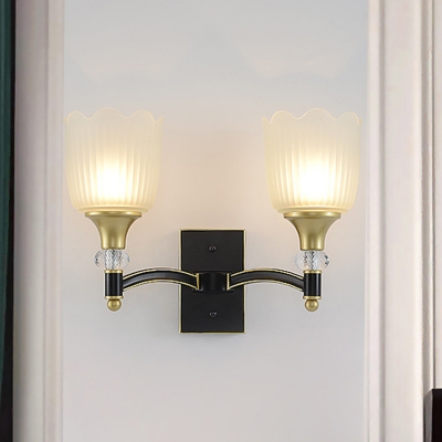 1/2-Bulb Wall Lighting Ideas Rustic Flower White Ribbed Glass Wall Light Sconce in Black