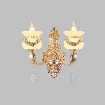 1/2-Head Matte Glass Wall Lighting Retro Rose Gold Urn Living Room Sconce with Crystal Droplet