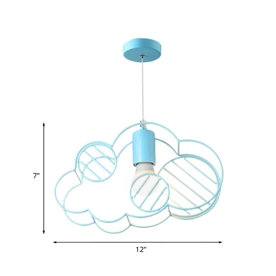 1 Bulb Bedroom Pendant Light Kids Blue Hanging Lamp Kit with Cloud Metal Cage and Round Canopy
