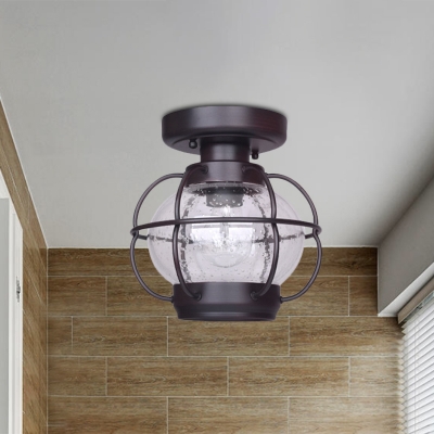 1-Bulb Semi Mount Lighting Rural Balcony Caged Ceiling Light with Lantern Clear Bubble Glass Shade in Coffee