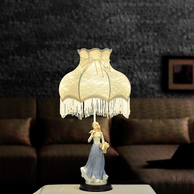1-Light Printed Fabric Nightstand Light Pastoral Beige Fringe Lounge Table Lamp with Maid Pedestal