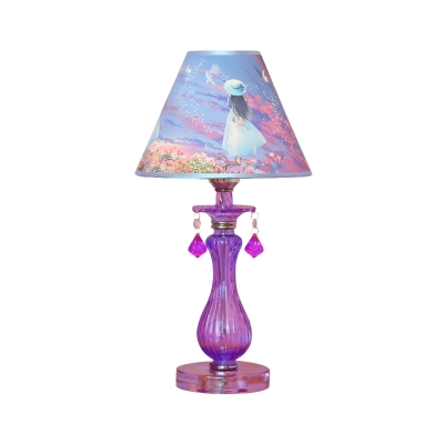 1 Light Table Lighting Pastoral Cone/Flare Fabric Girl/Flower Pattern Night Stand Lamp with Vase Glass Base in Purple