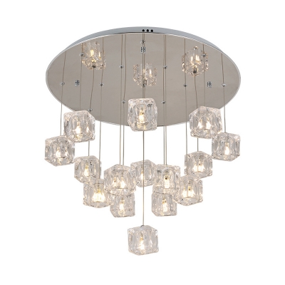 15 Heads Living Room Cluster Pendant Modern Silver Suspension Light with Square Clear Crystal Shade