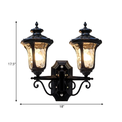 2-Head Dimple Glass Wall Sconce Retro Black Urn Outdoor Wall Mounted Light Fixture