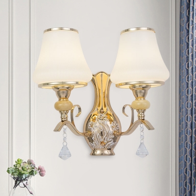 2 Heads Wall Mount Lighting Antique Porch Sconce with Flared Opal Ribbed Glass Shade in Gold