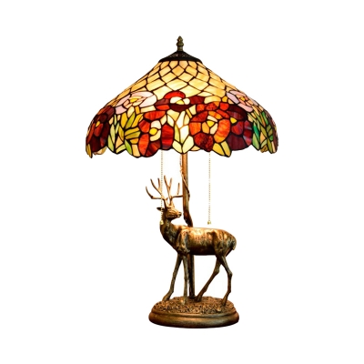 2 Lights Deer Pull Chain Desk Lamp Baroque Bronze Resin Petal Patterned Night Table Light with Bowl Hand Cut Glass Shade