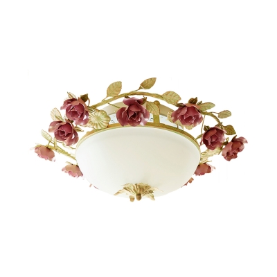 3 Lights Flush Mount Korean Garden Bowl Ivory Glass Flush Light in Pink and Green with Flower, Small/Large