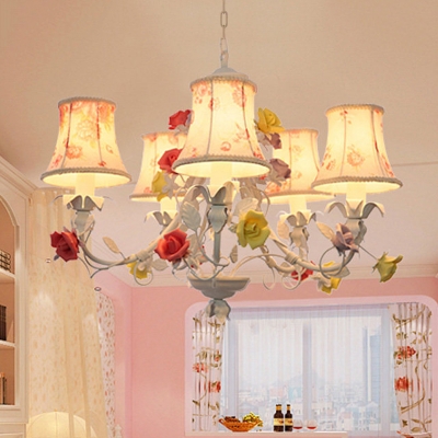 5 Lights Bell Hanging Chandelier Korean Flower White Fabric Suspension Lamp for Living Room