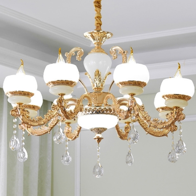 6/8-Head Ceiling Chandelier Traditional Dining Table Suspension Light with Bowl Frosted White Glass Shade in Gold