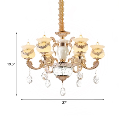 6-Bulb Opal Frosted Glass Chandelier Vintage Gold Urn Dining Room Pendant Light Fixture with Carved Ornament