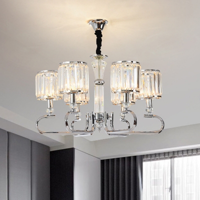 6 Heads Bedroom Chandelier Pendant Light Modernism Chrome Suspension Lamp with Cylinder Clear Crystal Rectangle Shade