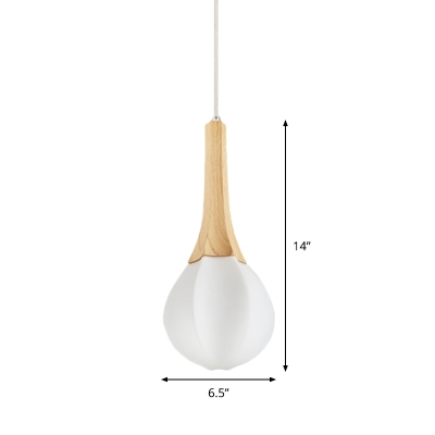 Ball Mini Pendant Light Fixture Nordic White Glass 1-Light Restaurant Pendulum Light with Wood Handle