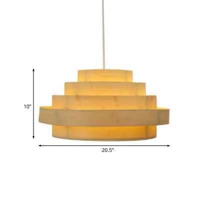 Beige 5-Tier Ring Hanging Light Kit Asian 1 Light Bamboo Panel Ceiling Suspension Lamp