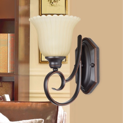 Black 1-Head Wall Light Sconce Antique Frosted Glass Floral Wall Lamp with Scrolled Arm
