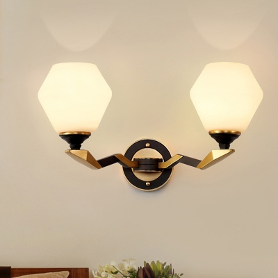 Black and Gold 1/2-Light Wall Lighting Countryside White Glass Diamond Shade Wall Sconce Light with Twisted Arm