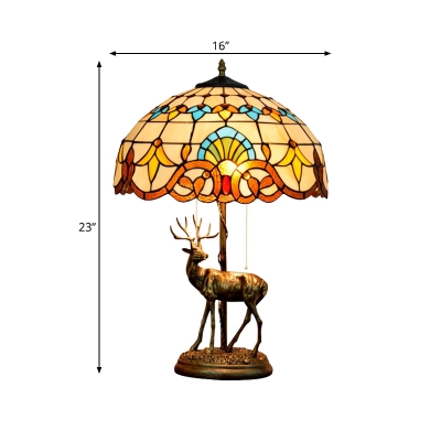 Bowl Cut Glass Nightstand Lighting Tiffany 2-Light Beige/Blue and White Pull Chain Desk Lamp with Resin Deer Base