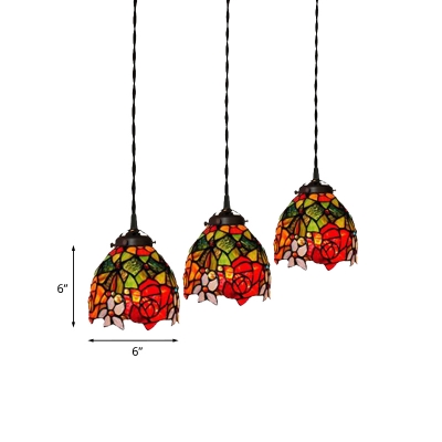 Bowl Down Lighting Pendant 3-Bulb Red Flower/Beige Dragonfly/Yellow Grapes Stained Glass Tiffany Hanging Light Kit