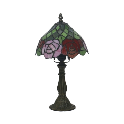 Bowl Shaped Nightstand Light 1-Bulb Stained Glass Baroque Rose Patterned Desk Lighting in Dark Coffee
