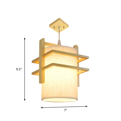Bucket Design Hanging Pendant Japanese Fabric 1 Bulb Dining Room Suspension Lighting in Beige