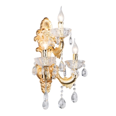 Candelabra Living Room Sconce Vintage Crystal 3 Lights Gold Wall Light with Fish-Shaped Arm