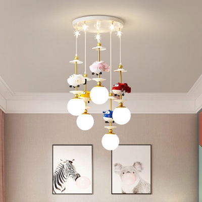 Cartoon 3/5-Light Suspension Light Gold Helicopter Multi Light Pendant with Ball Opal Glass Shade