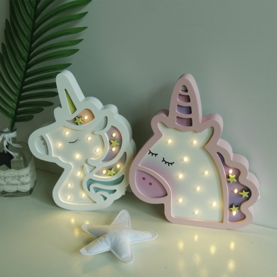 Cartoon Sleeping Unicorn Wood Night Light LED Wall Mount Lighting in Pink/White, Battery Operation