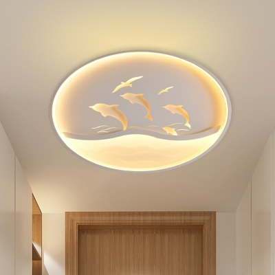 Circular Ceiling Light Nordic Acrylic LED White Flush Mount with Dolphin Pattern in Warm/White Light