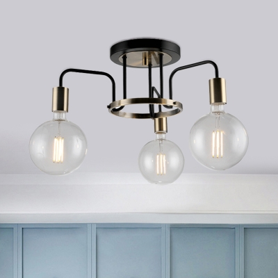Clear Glass Spherical Semi Flush Light Countryside 3/5 Heads Living Room Close to Ceiling Lamp