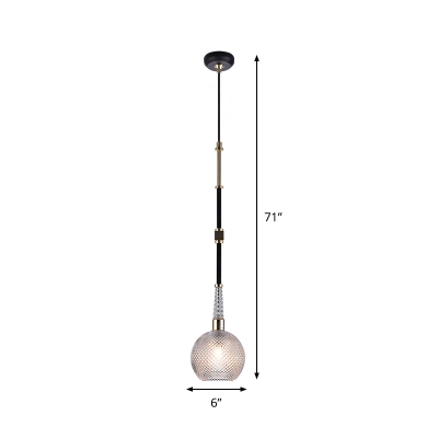Clear Lattice Glass Ball Pendant Simple Single-Bulb Down Lighting with Black Adjustable Rod Arm
