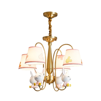 Conical Fabric Chandelier Light Kids 4 Bulbs Gold and Pink Ceiling Suspension Lamp with Decorative Rabbit