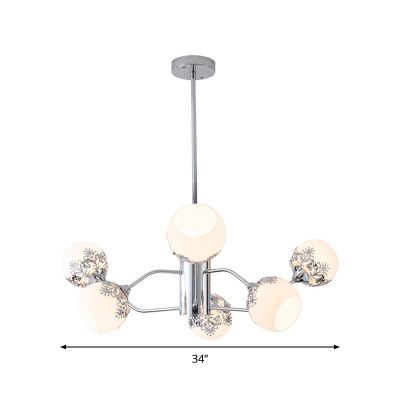 Contemporary 6-Light Hanging Lamp Silver Foliage Print Chandelier with Dome White Glass Shade