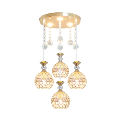 Crystal Globe Cluster Pendant Simplicity 4 Heads Suspension Lighting Fixture in Gold with Round Canopy