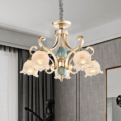 Curvy Dining Room Chandelier Rustic Clear Ribbed Glass 3/5/6 Lights Gold Drop Lamp with Petal Clear Ribbed Glass Shade
