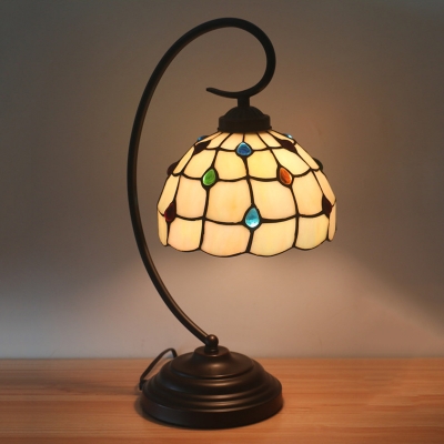 Dark Coffee Curvy Arm Night Light Baroque 1 Head Metal Desk Lamp with Lattice Bowl Cut Glass Shade