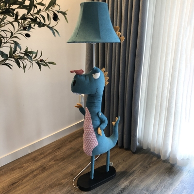 Dinosaur Standing Floor Light Cartoon Fabric 1 Bulb Living Room Floor Lamp in Blue with Bell Shade