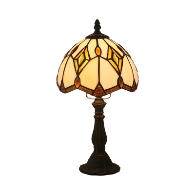 Dome Nightstand Lamp 1-Light Beige Glass Tiffany Style Table Light in Bronze with Geometric Pattern