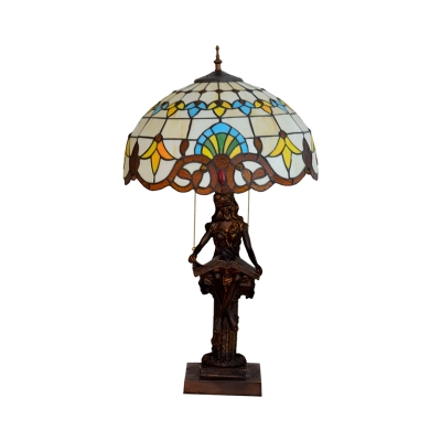 Dome Shaped Cut Glass Desk Light Tiffany 2 Heads Beige/Blue and White Reading Girl Nightstand Lighting with Pull Chain
